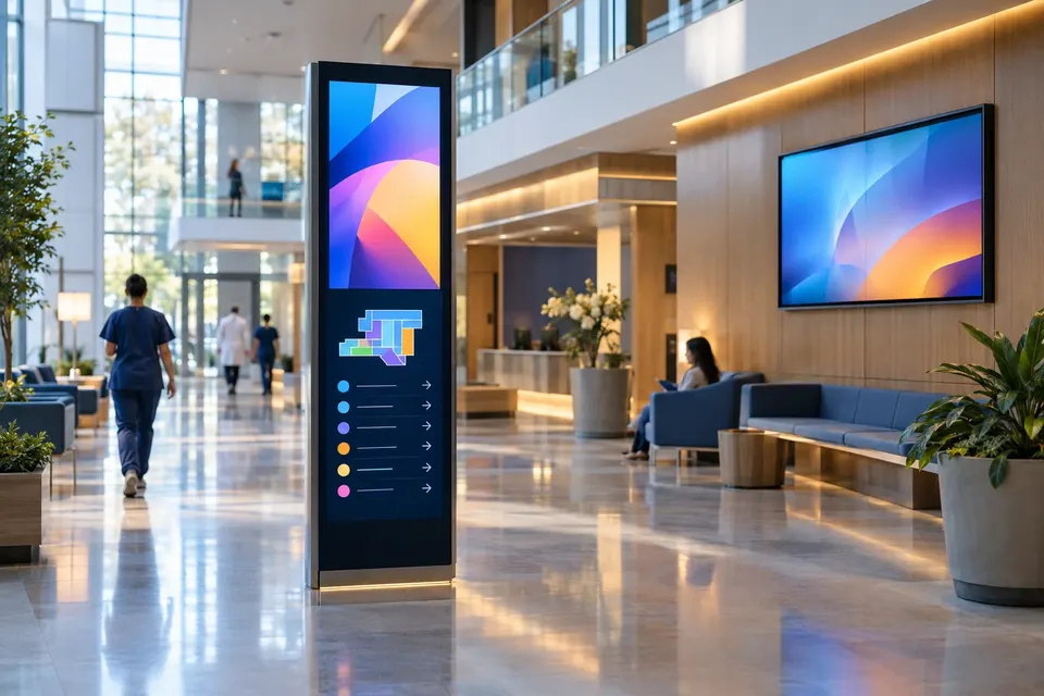 A wayfinding totem and information display in a hospital atrium